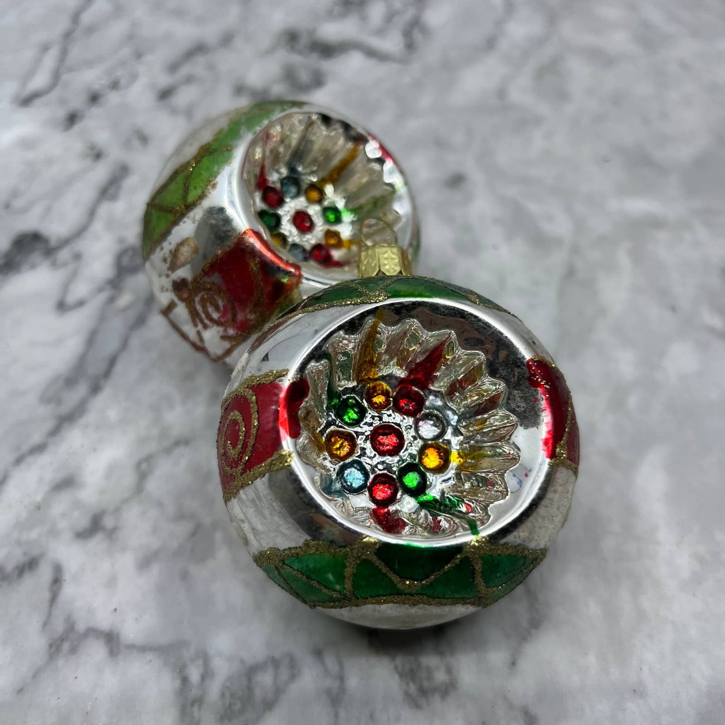 Lot of 2 Vintage Recessed Mica Stencil Blown Mercury Glass Ornaments OT2