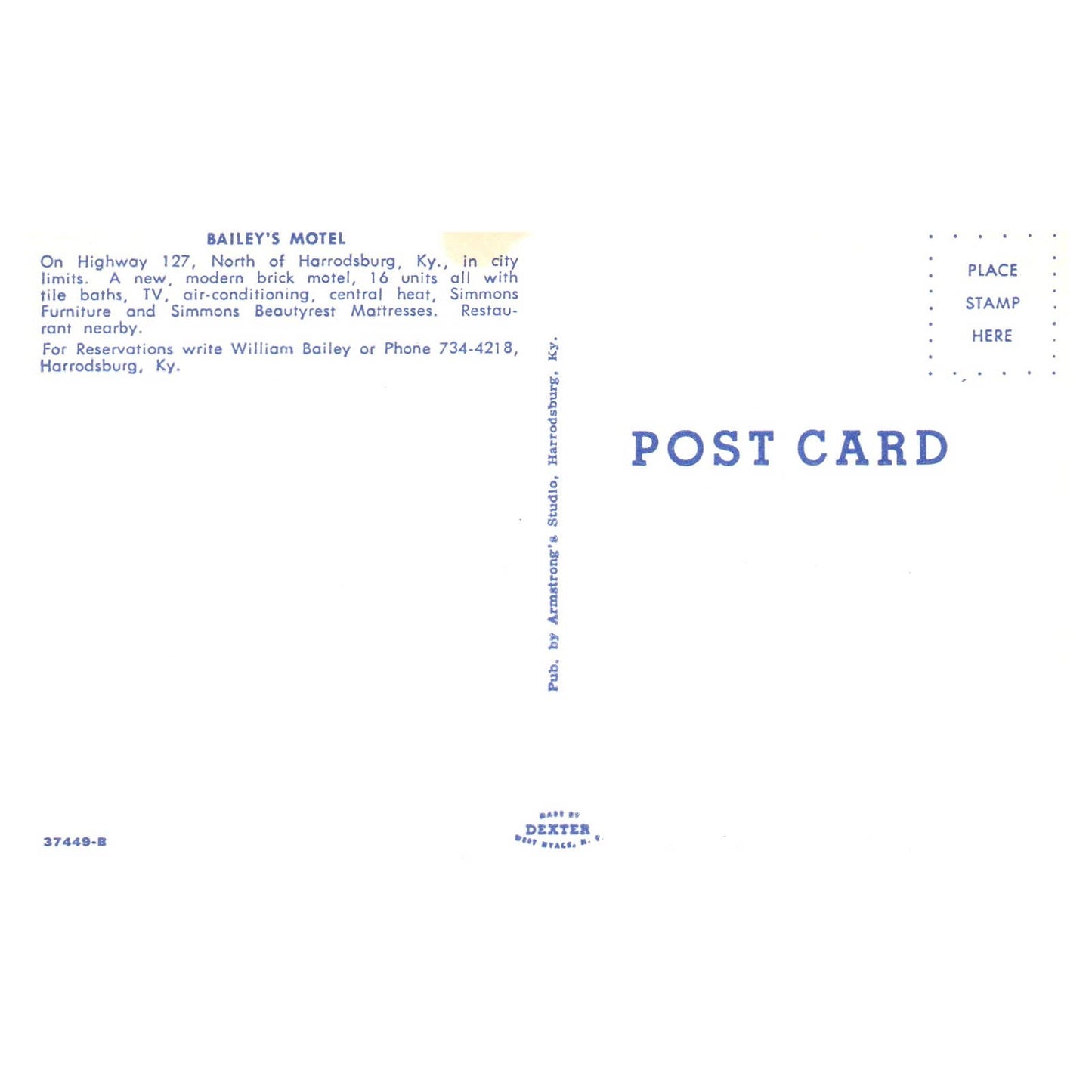 Vintage Postcard - Bailey's Motel Harrodsburg Kentucky AD9