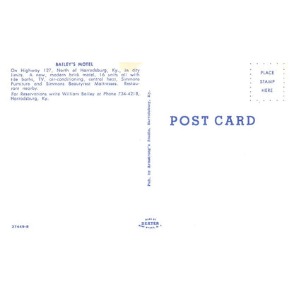 Vintage Postcard - Bailey's Motel Harrodsburg Kentucky AD9