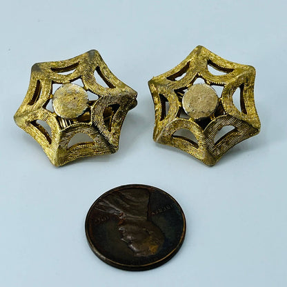 Vintage Gold Tone Spiderweb Halloween Clip Earrings SB2