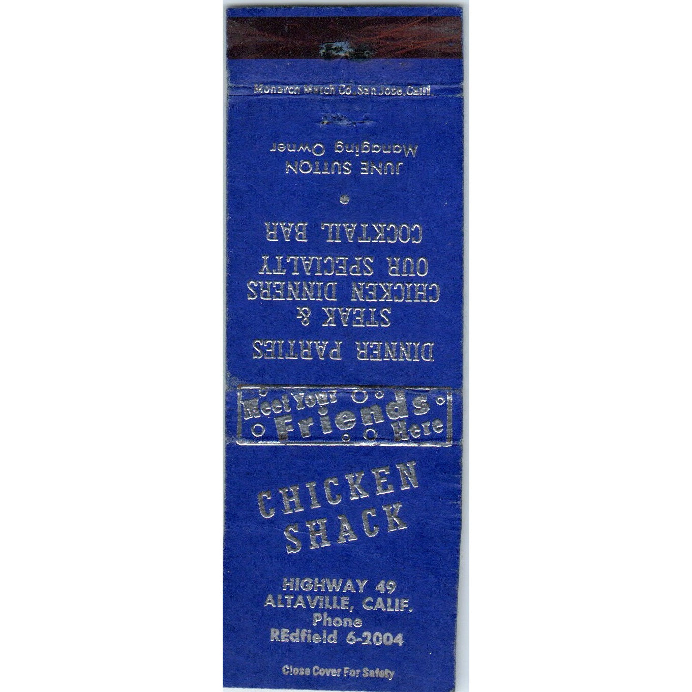 Chicken Shack Altaville California Advertising Matchbook Cover MM9-2