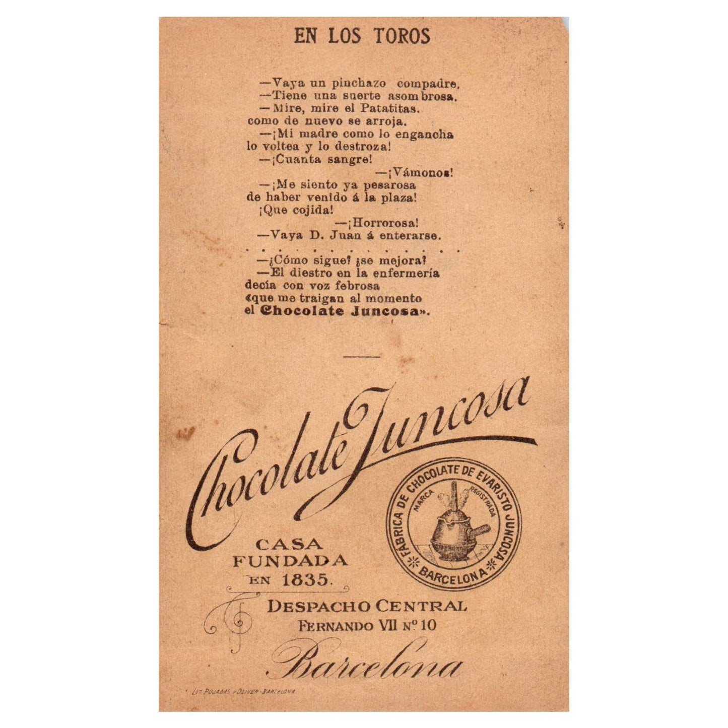 En Los Toros Chocolate Juncosa Barcelona - 1880s Victorian Trade Card TJ8-3