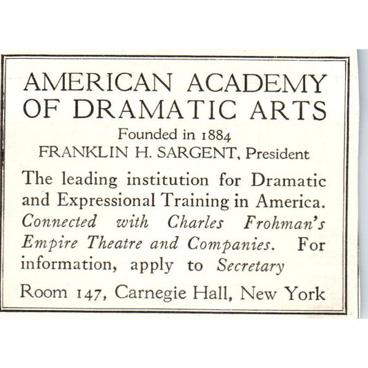 c1920 Harper's Ad Academy of Dramatic Arts Franklin Sargent Carnegie Hall EA3-1