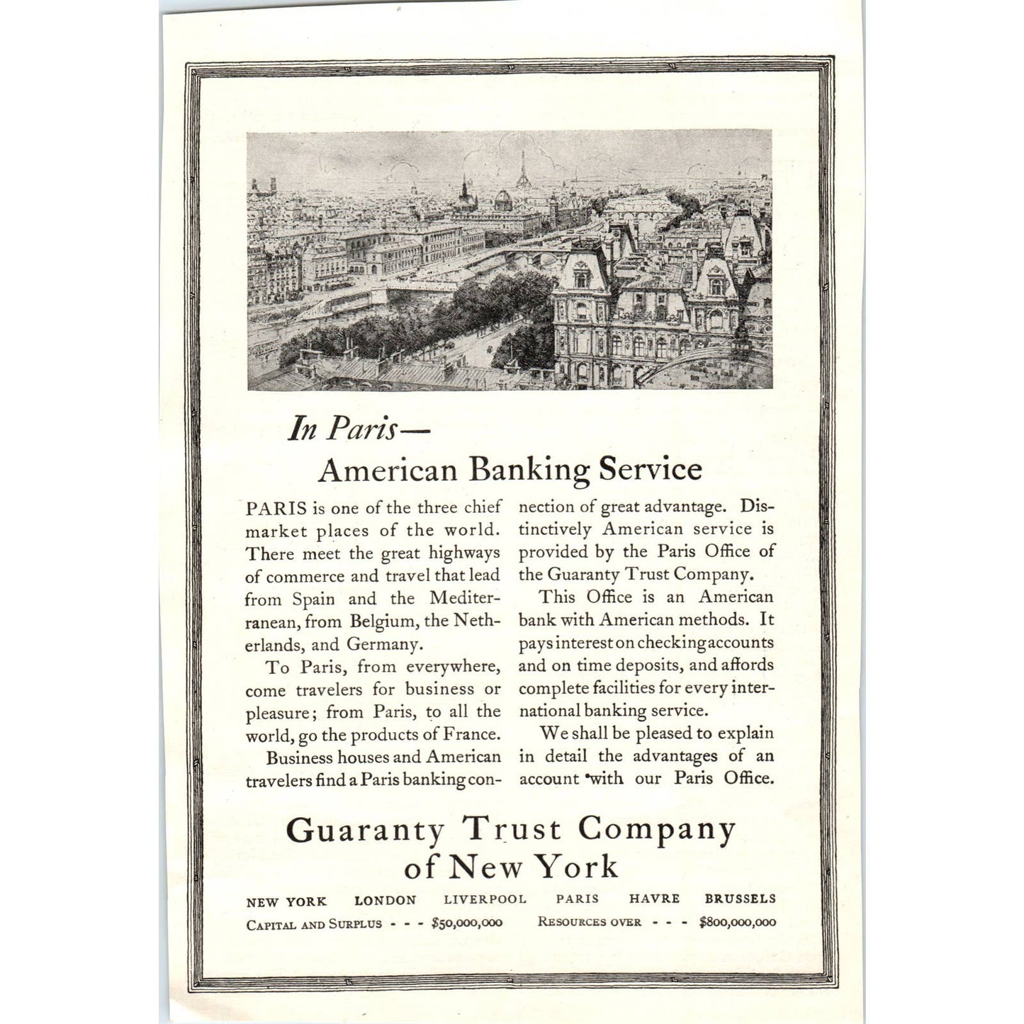 c1920 Harper's Magazine Ad - Guaranty Trust Company of New York "In Paris" TF6-1