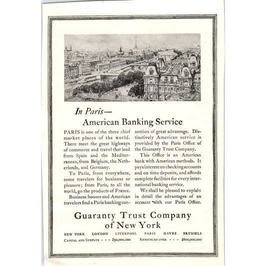 c1920 Harper's Magazine Ad - Guaranty Trust Company of New York "In Paris" TF6-1