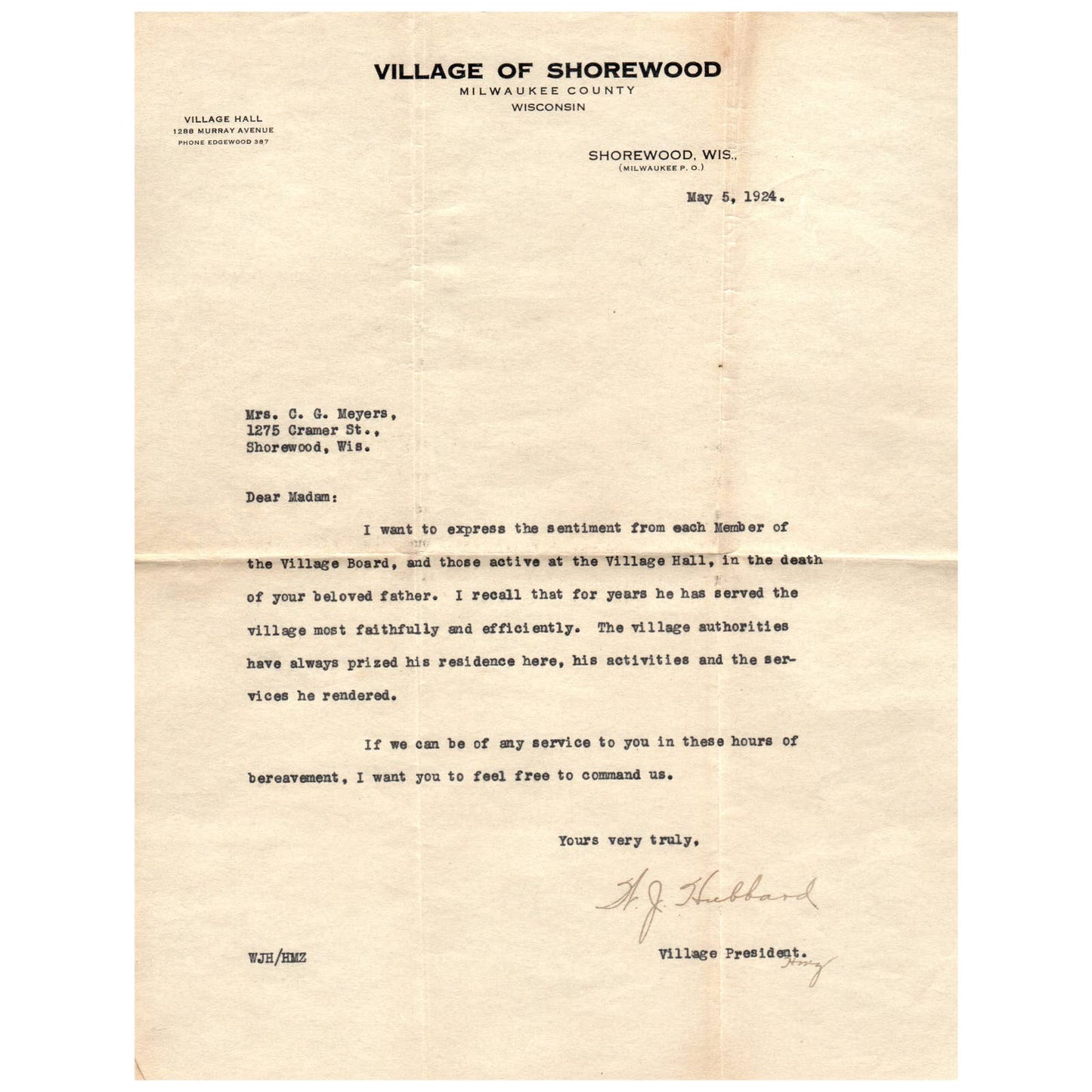 1924 Letter from Milwaukee County Clerk WM J. Cary & Shorewood to Emma Myers SE4
