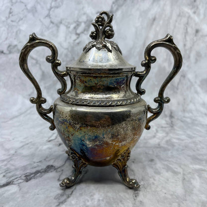 Antique Large Silver Plate Footed Lidded Urn Sugar Bowl 7” TJ4