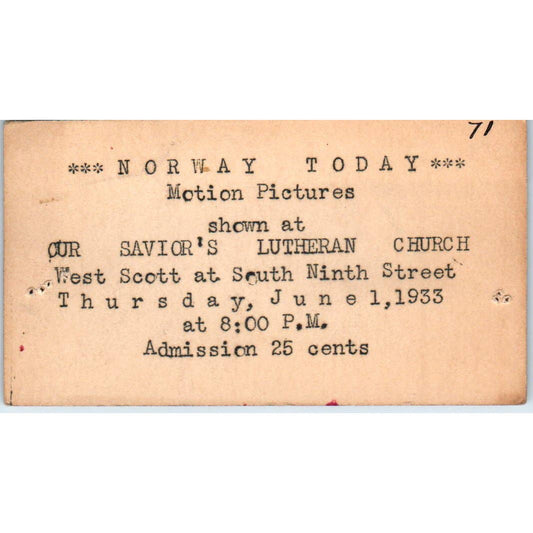 1933 Norway Today Motion Pictures Invitation Our Savior's Lutheran Church Milwaukee SE5