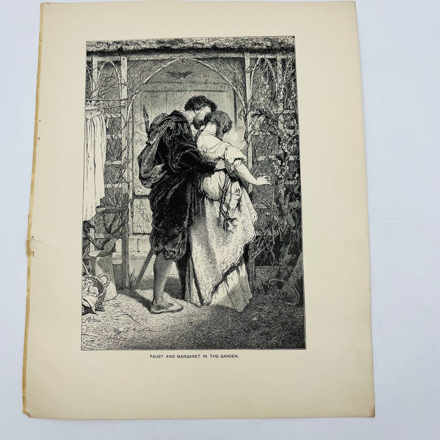 1880s Victorian Art Print Engraving Goethe FAUST AND MARGARET IN THE GARDEN