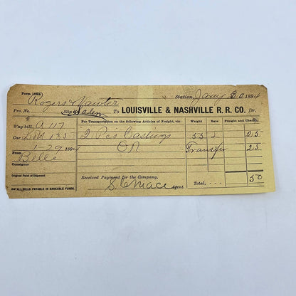 1894 Louisville & Nashville RR Co Railroad Way-Bill Receipt Salem Station AB2