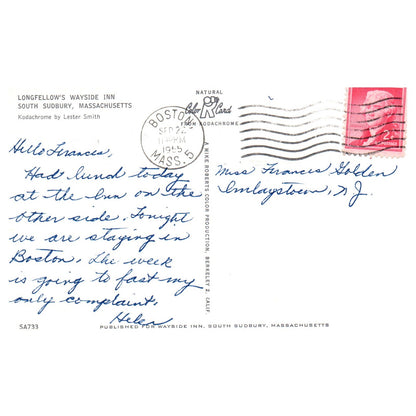 Vintage Postcard - Longfellow's Wayside Inn South Sudbury Mass 1955 P3-7