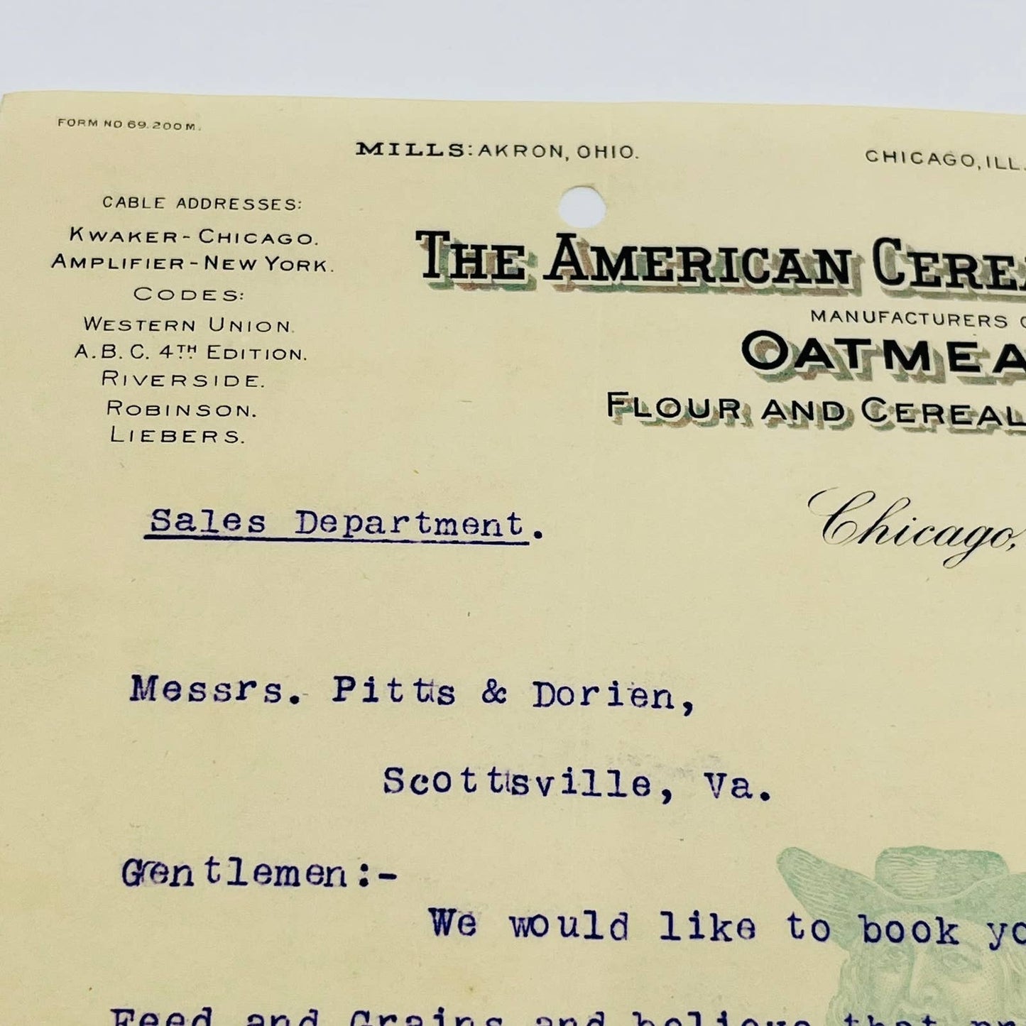 1902 American Cereal Company EARLY QUAKER OAT MAN IMAGE Billhead Letterhead AA4