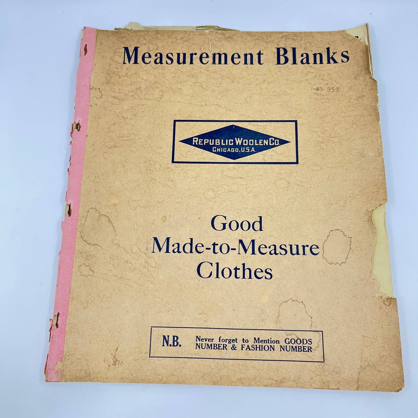 c1915 Republic Woolen Co. Chicago IL Book Measurement Blanks Men’s Clothing FL3