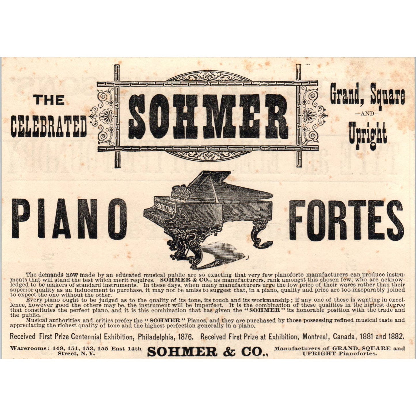 1885 Print Ad Sohmer Grand, Square and Upright Piano Fortes 6.5" AD4