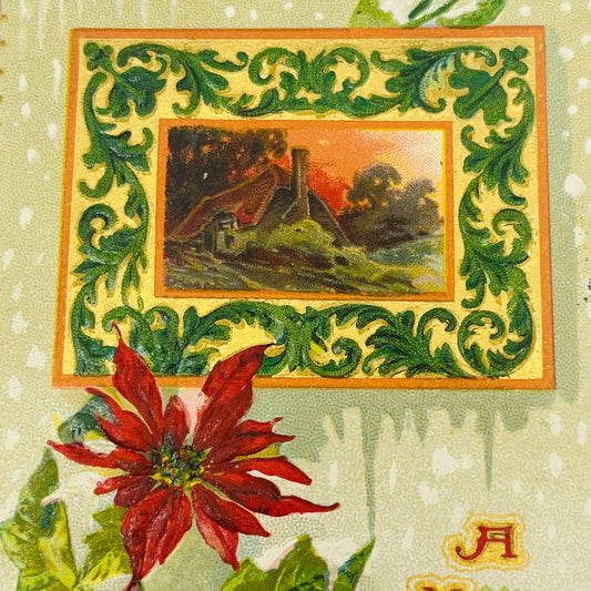 1910s Christmas Post Card Raphael Tuck Cottage Sunset Poinsettias PA4