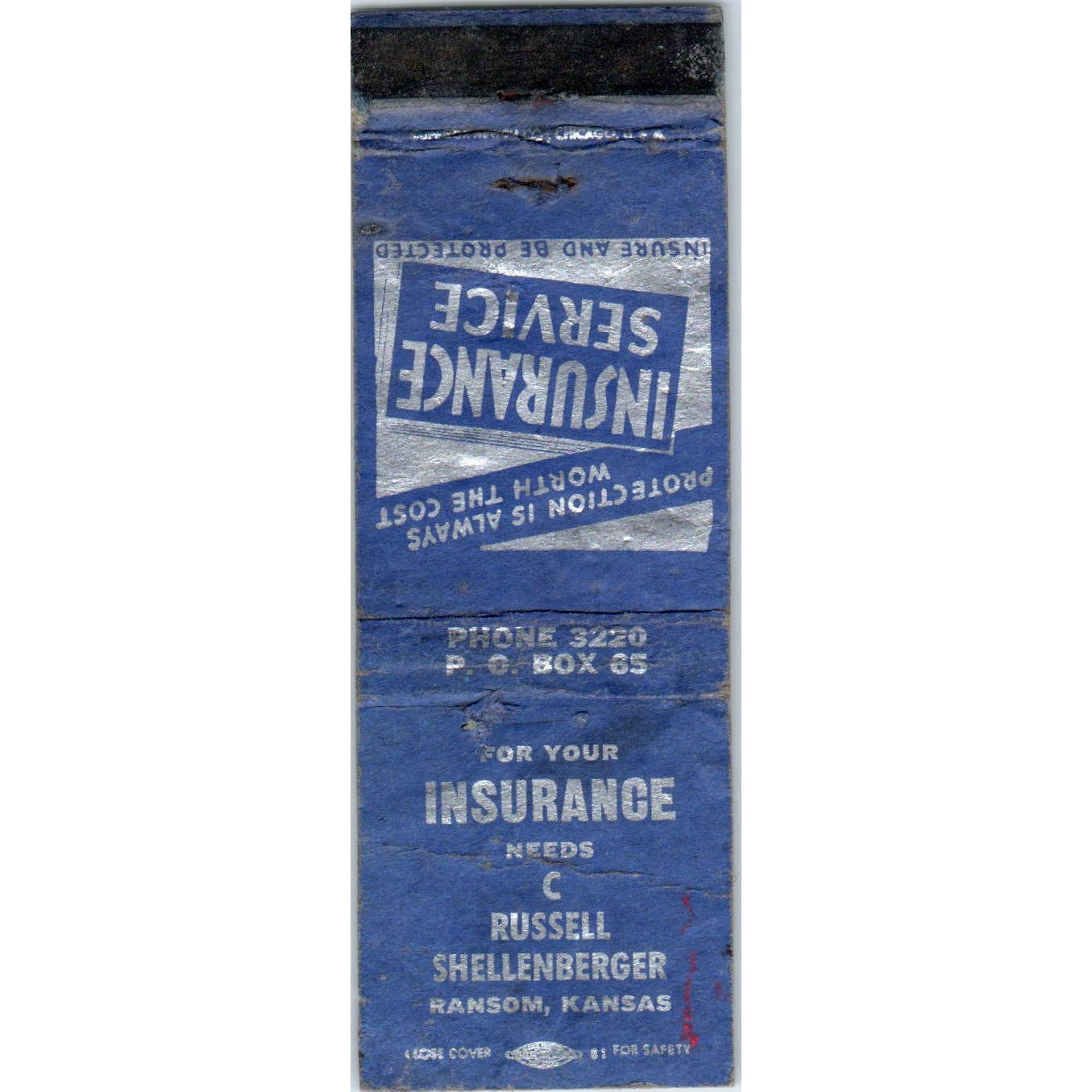 C Russell Shellenberger Insurance Ransom KS Advertising Matchbook Cover SA1-M9