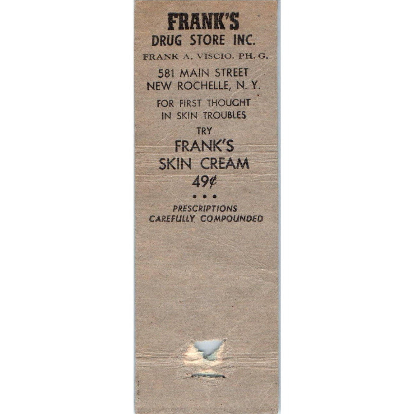 Frank's Drug Store New Rochelle NY Advertising Matchbook Cover MM9-8