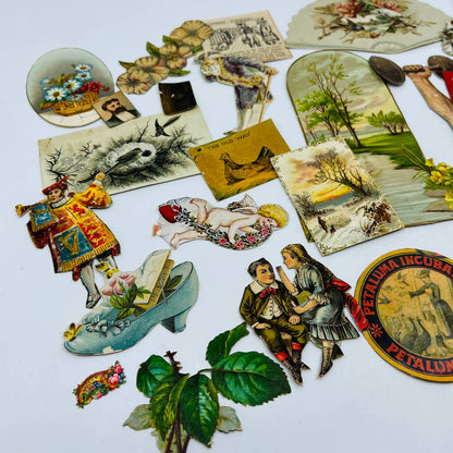 1880s Huge Lot Victorian Cut Out Scrap Figures Floral Fruit Places Cupid EA2