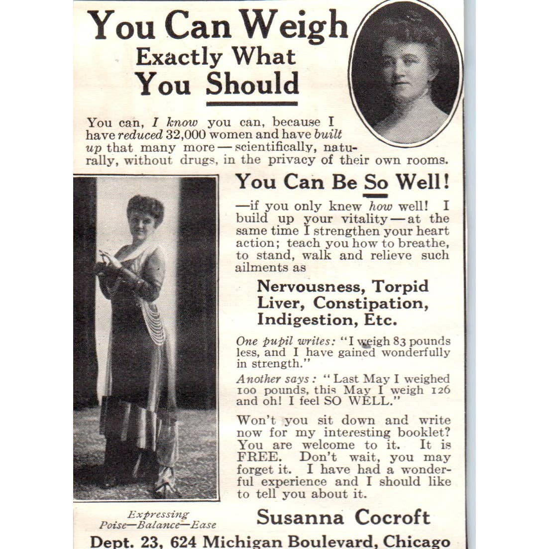 c1920 Harper's Magazine Ad - Susanna Cocroft Weight Loss Cure Chicago IL EA3-4