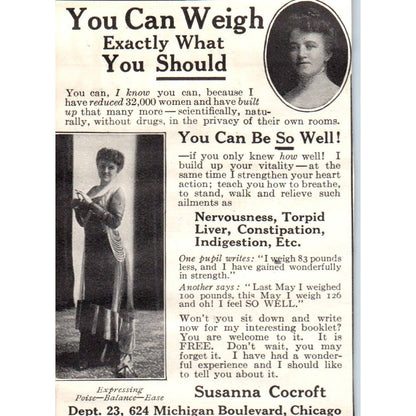 c1920 Harper's Magazine Ad - Susanna Cocroft Weight Loss Cure Chicago IL EA3-4
