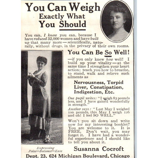 c1920 Harper's Magazine Ad - Susanna Cocroft Weight Loss Cure Chicago IL EA3-4