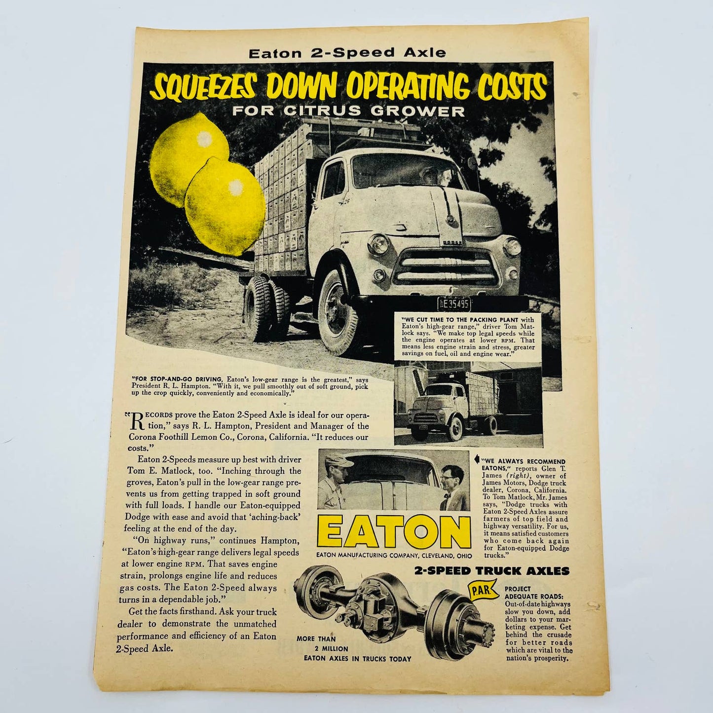 Vintage Advertisement EATON 2-SPEED AXEL For Citrus Growers Farmers Lemon AA1