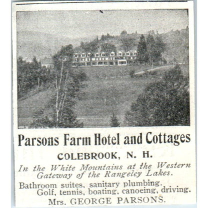 Parsons Farm Hotel & Cottages Colebrook NH George Parsons 1903 Original Ad TJ7-L