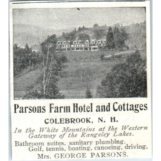 Parsons Farm Hotel & Cottages Colebrook NH George Parsons 1903 Original Ad TJ7-L