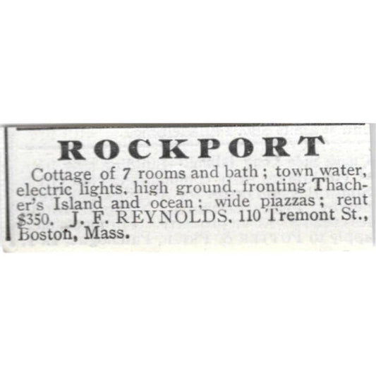 Cottage For Rent Rockport Boston MA J.F. Reynolds - 1903 Original Ad TJ8-7-4