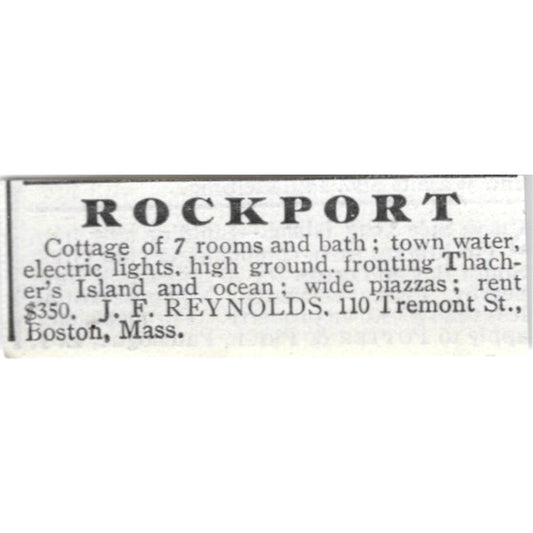 Cottage For Rent Rockport Boston MA J.F. Reynolds - 1903 Original Ad AK5-S31