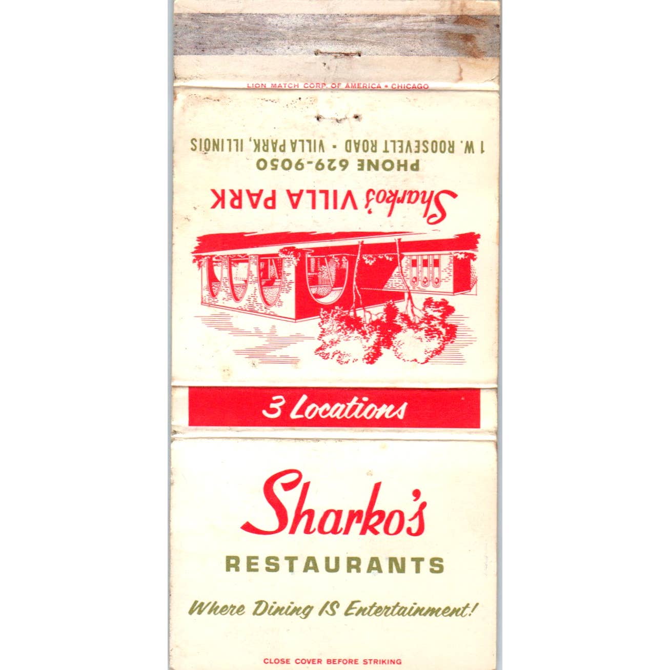 Sharko's Restaurants Villa Park Illinois Advertising Matchbook Cover SA1-M11