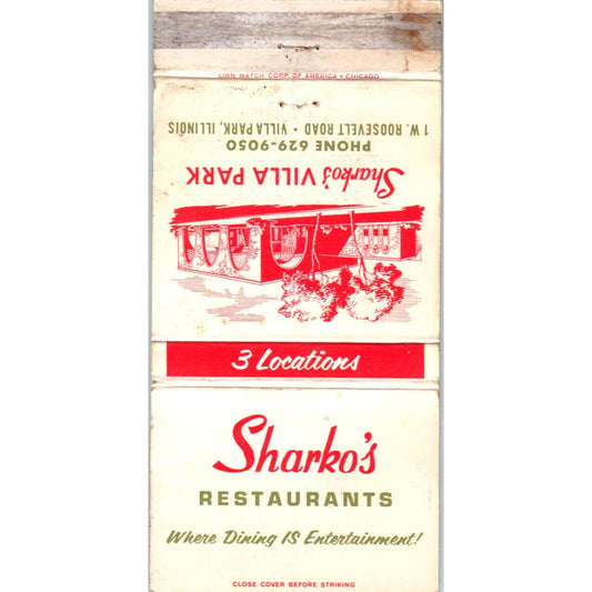 Sharko's Restaurants Villa Park Illinois Advertising Matchbook Cover SA1-M11