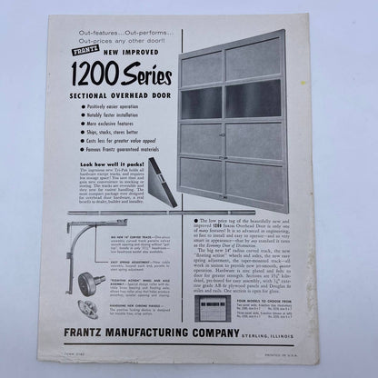 1950s Frantz 1200 Series Sectional Overhead Garage Door Advertising Leaflet AC8