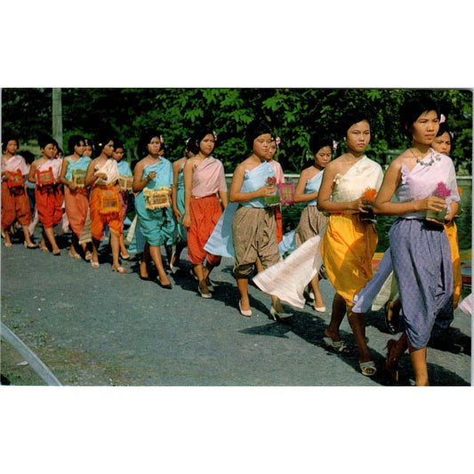 Procession of Girls Songkran Day Phra Pradaeng Bangkok Original Postcard TJ9-P1