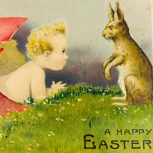 1910s Easter Post Card Embossed Baby in Giant Egg Anthropomorphic Bunny PA5