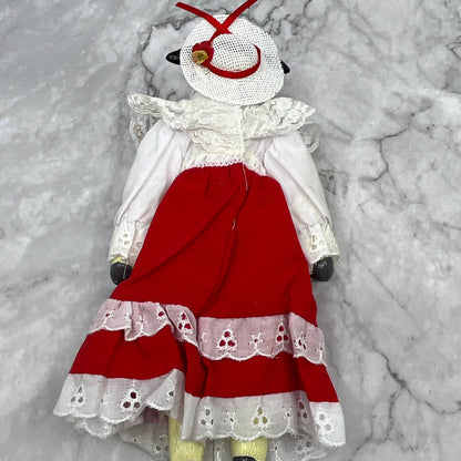 VTG BLACK & WHITE HOLSTEIN COW DOLL country lace dress w/ apron Ceramic Head TI7