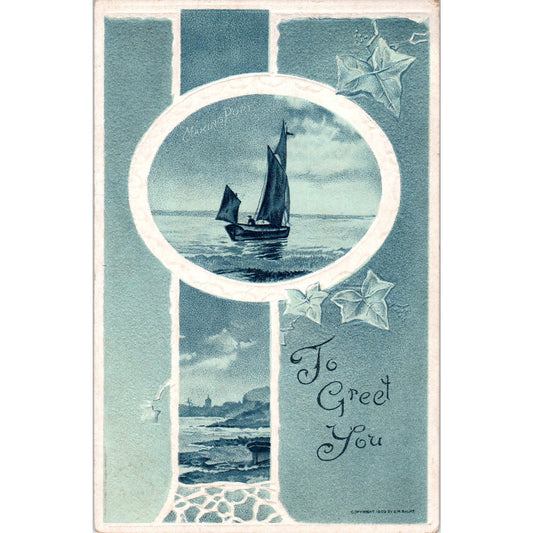 1910 Sailboat Making Port Greeting Original Postcard P3-3