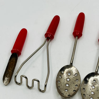 Vintage Toy Kitchen Metal 5 Piece Red Handle Kitchen Utensil Set ~5” TB6