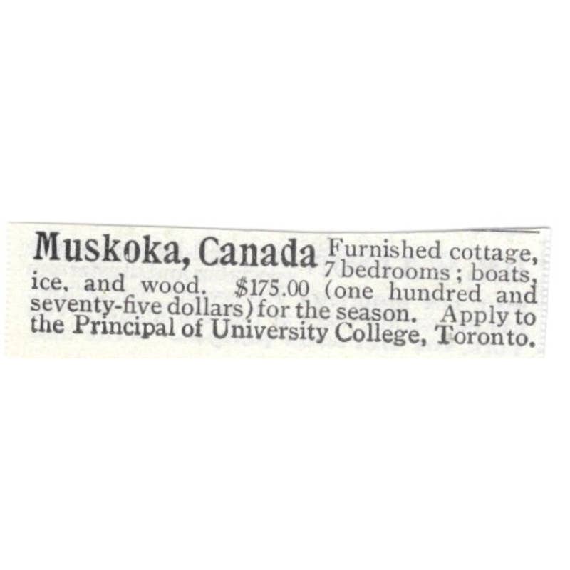Muskoka Canada Cottage for Rent - 1903 Original Ad TJ8-7-5