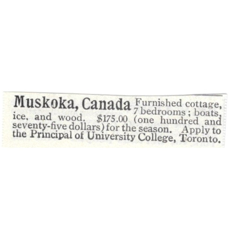 Muskoka Canada Cottage for Rent - 1903 Original Ad AK5-S30