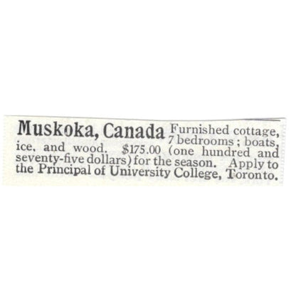 Muskoka Canada Cottage for Rent - 1903 Original Ad AK5-S30