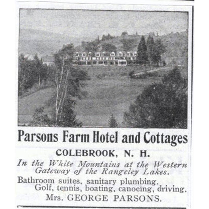 Mrs. George Parsons Farm Hotel and Cottages Colebrook NH 1903 Original Ad TJ7-S9
