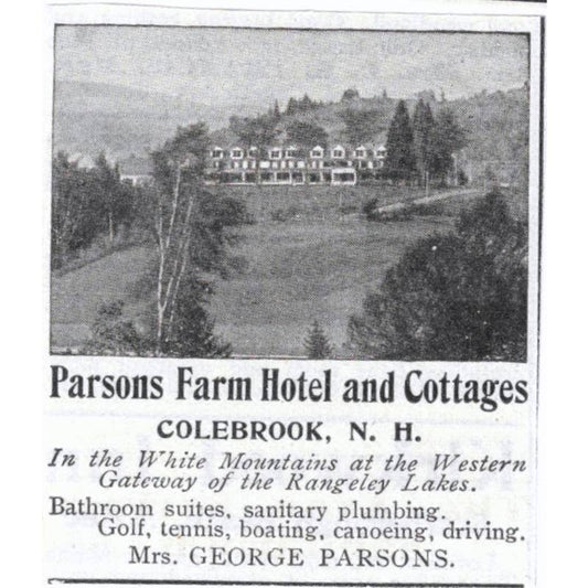 Mrs. George Parsons Farm Hotel and Cottages Colebrook NH 1903 Original Ad TJ7-S9