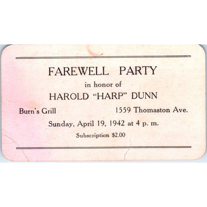 1942 Harold "Harp" Dunn Burn's Grill Farewell Party Card TK2-CC