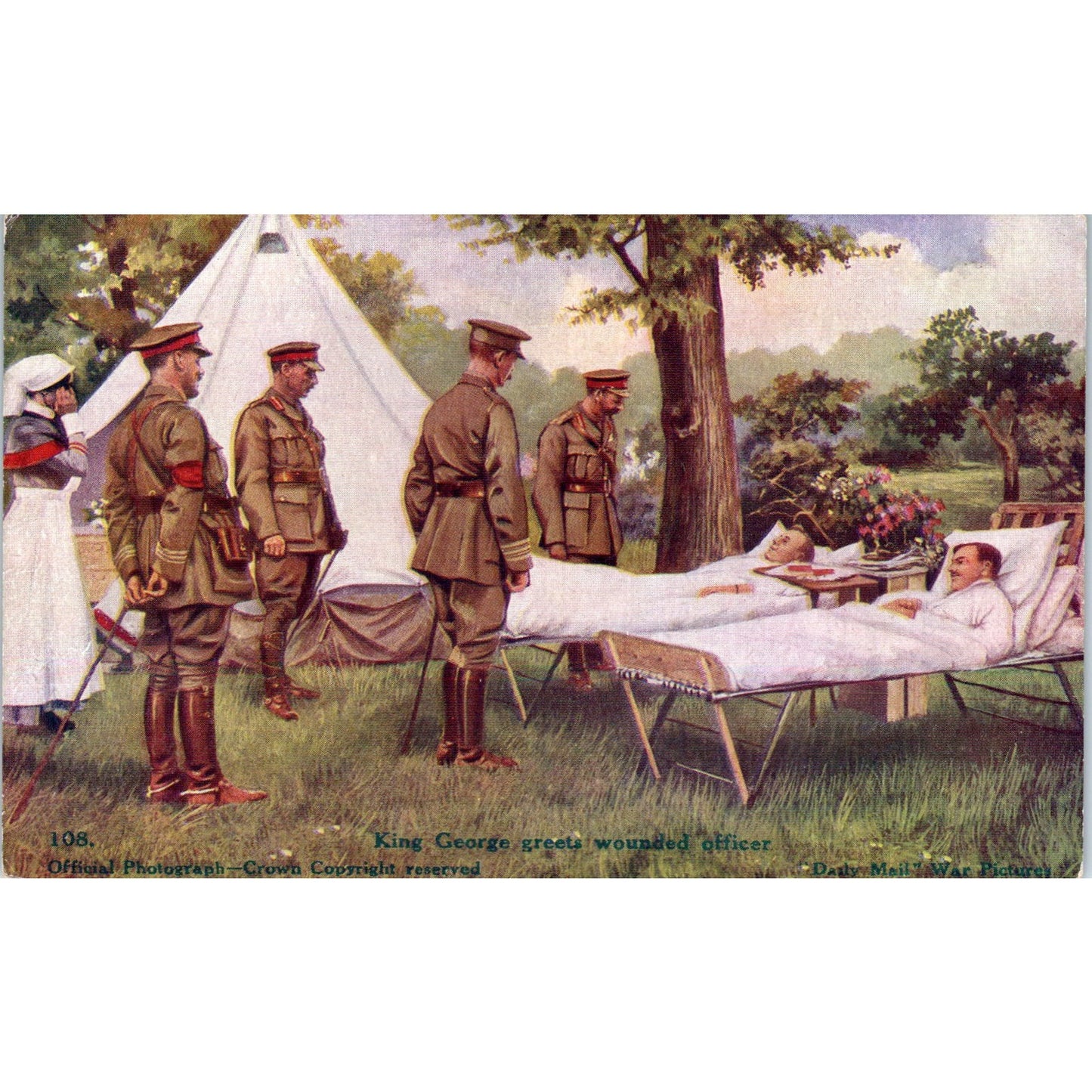 WWI King George Greets Wounded Officer British Front - Original Postcard P3-4