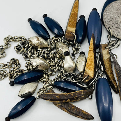 Vintage Brutalist Rustic Wood Metal Blue Bead Chunky Pendant Necklace SB2