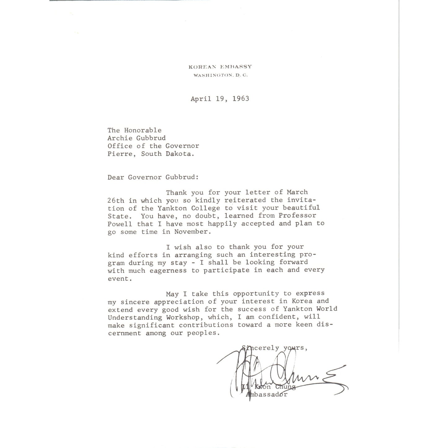 Korean Embassy Official Letterhead Il Kwon Chung 4/19/63 B9