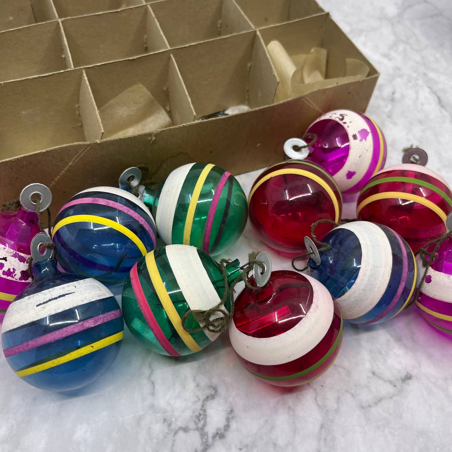 RARE WWII Era Unsilvered SHINY BRITE Striped Glass Ball Ornaments Lot of 11
