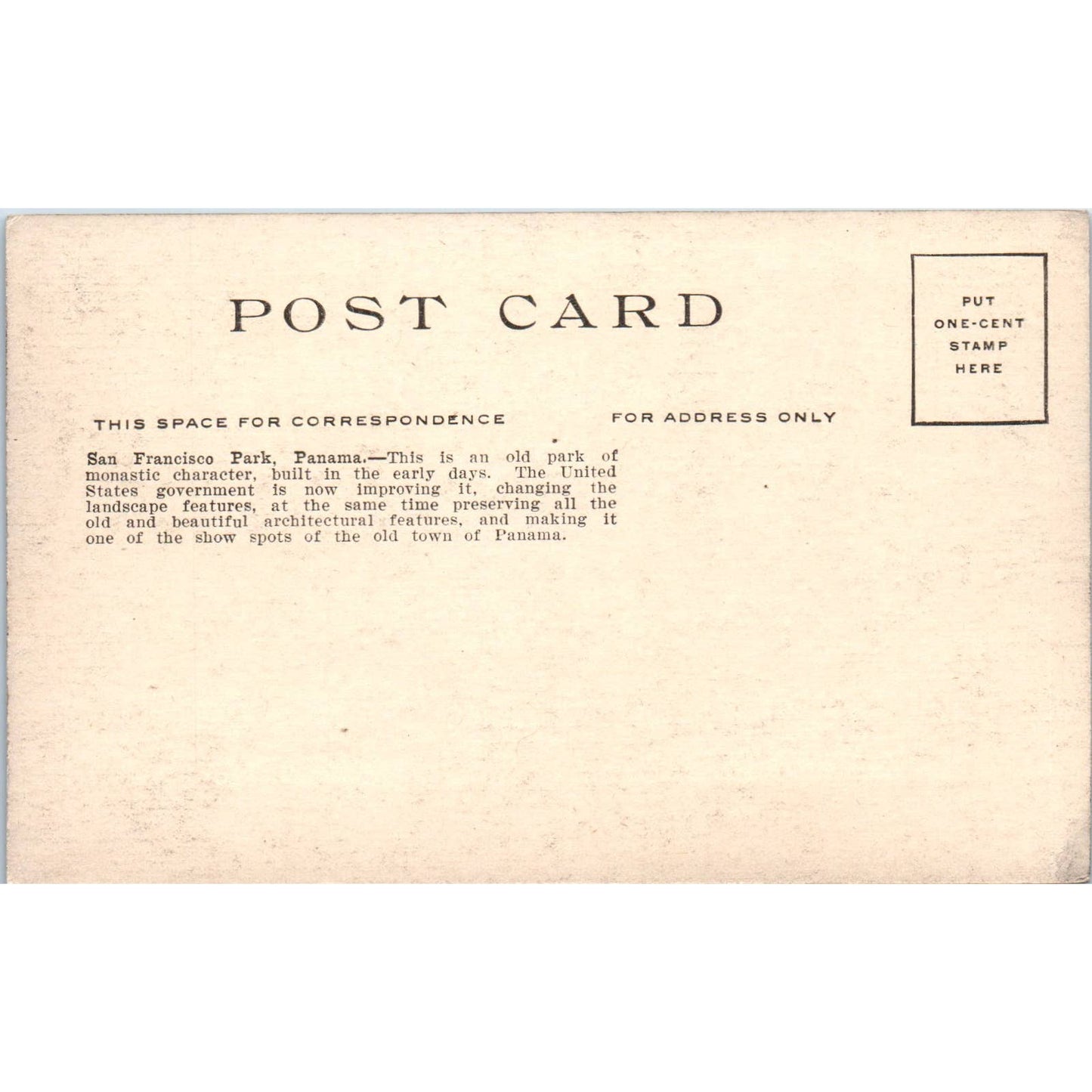 San Francisco Park Panama c1910 Original Postcard TK1-27