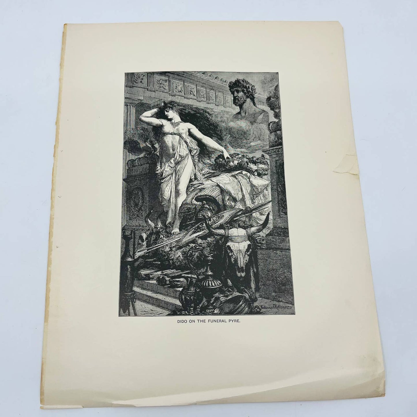 1880s Victorian Art Print Engraving  Virgil DIDO ON THE FUNERAL PYRE E. Keller